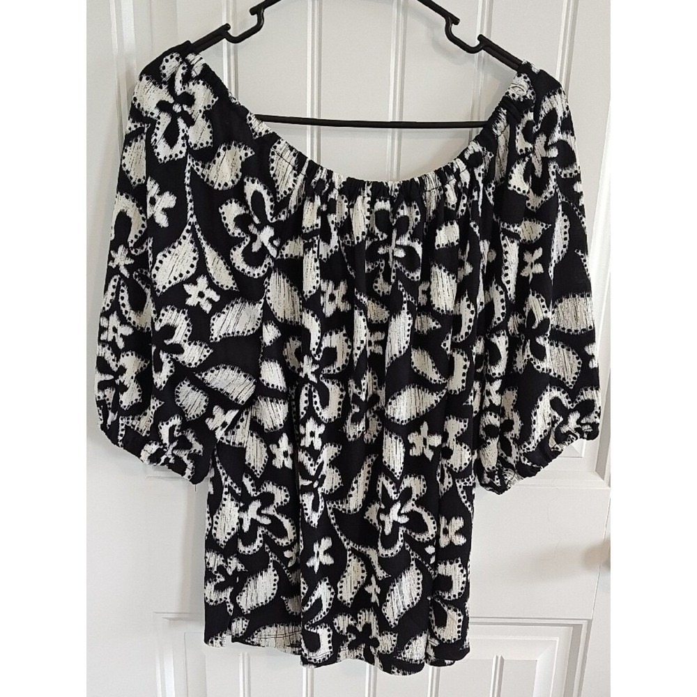 Fred David Black White Floral Ikat Peasant Blouse Off Shoulder 2X Balloon Sleeve